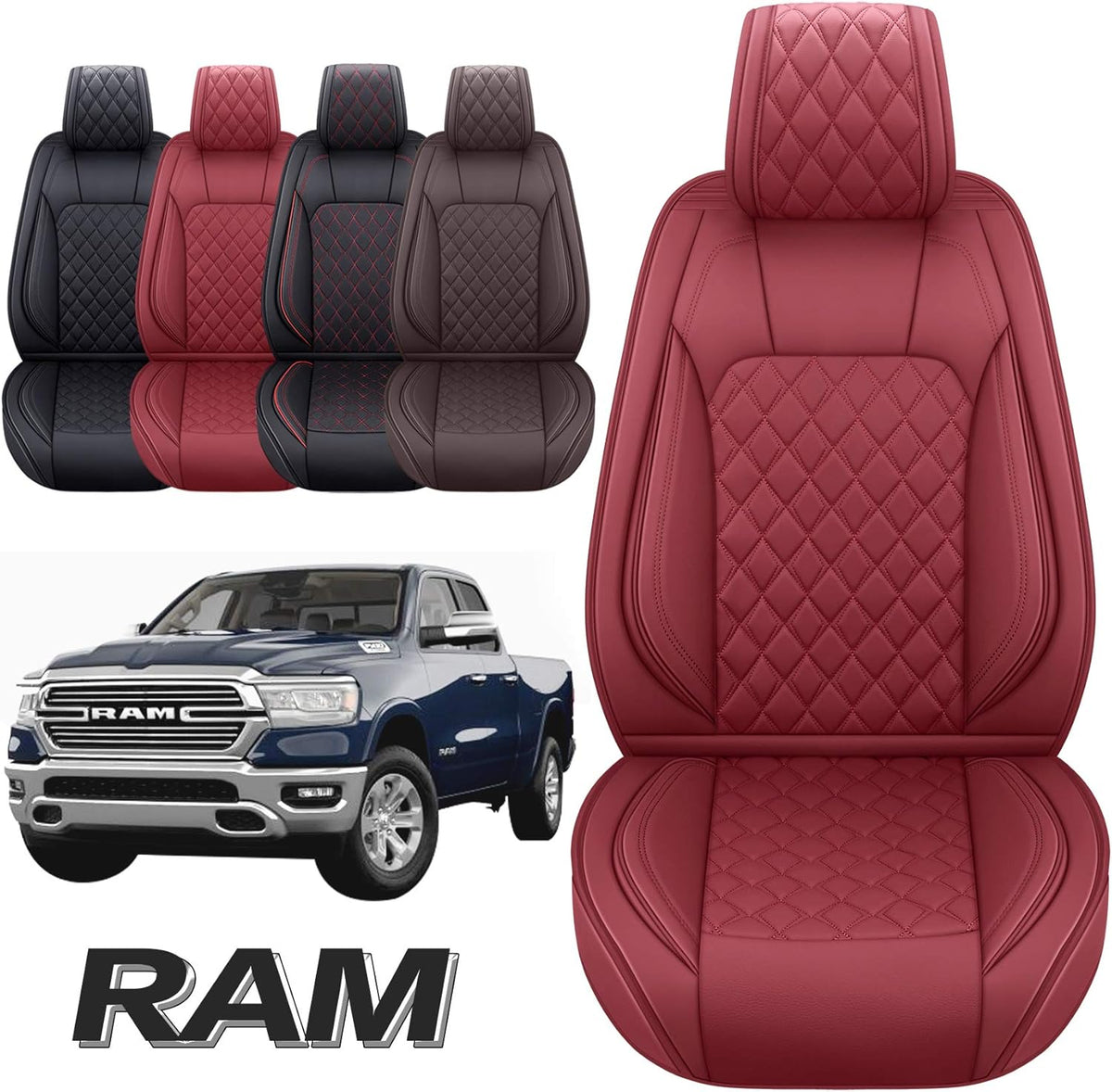 Black-Red Waterproof Leather Front Seat Covers for Dodge Ram Pickup W6797