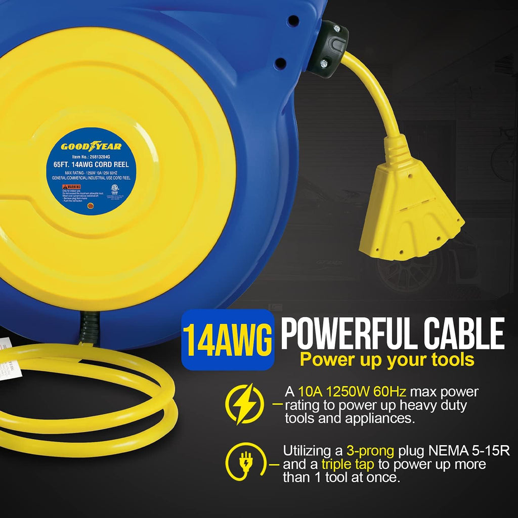 Retractable Extension Cord Reel 14AWG 65 Foot 3C/SJTOW Commercial Cable Triple Tap Connector Power 10A 125VAC 1250W X206