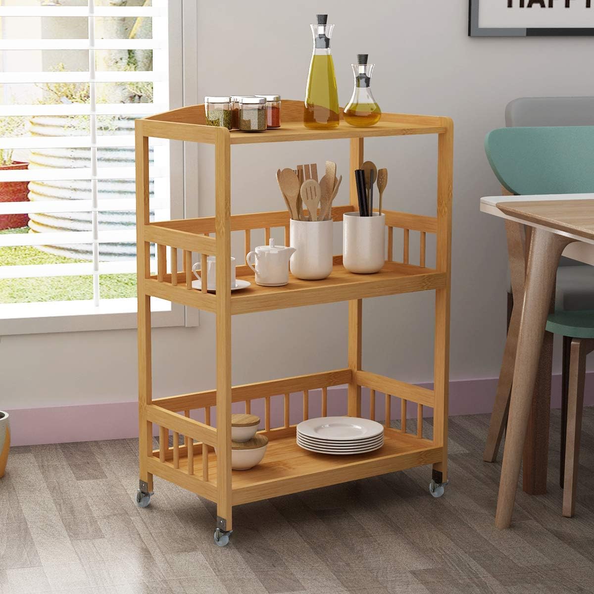 3-Tier Bamboo Storage Utility Cart on Wheels Z5615