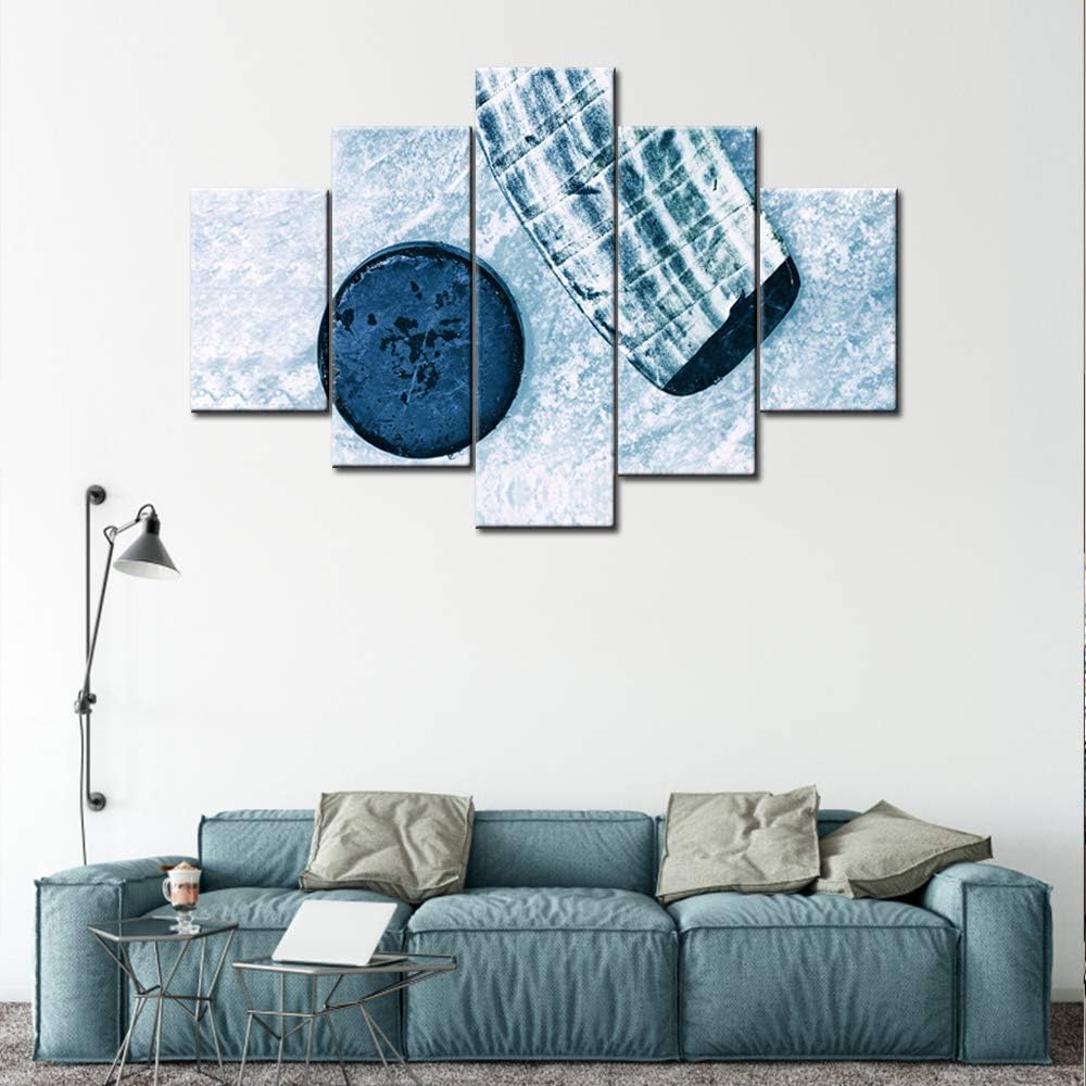 5 Panel Canvas Wall Art Hockey Stick and Puck Sliding Across The Ice Slap Shot Player Poster Stretched Framed (50''Wx24''H) H555