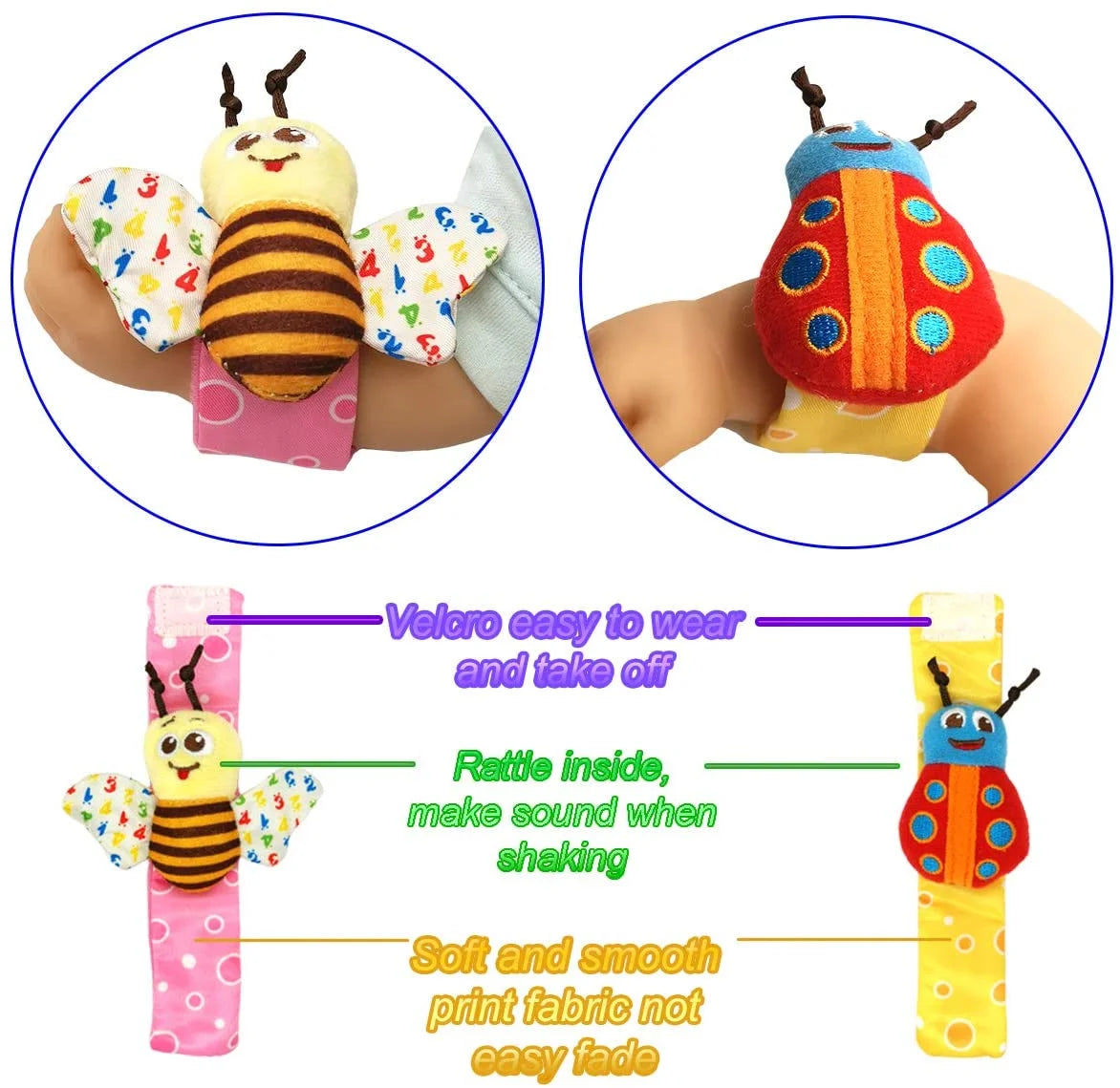 6 Pcs Baby Wrist Rattle & Foot Finder Socks Soft Plush Animal Doll B64279