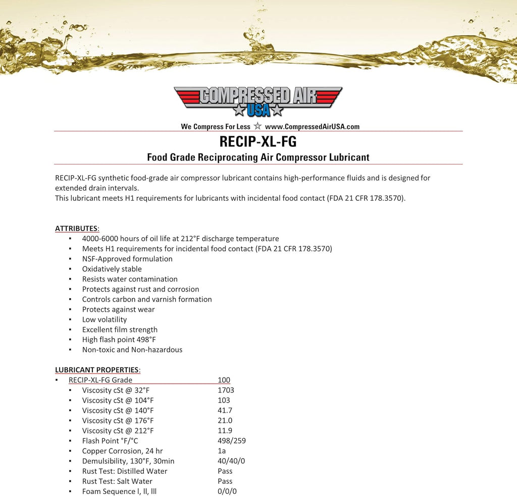 Food Grade 6000 Hour Reciprocating Air Compressor Lubricating Oil (1 Quart) Pack of 2 N76389