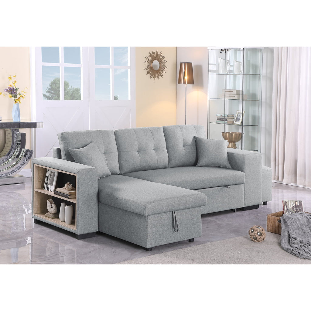 95" Wide Reversible Fabric Sofa Bed Chaise Ottoman Light Gray C323