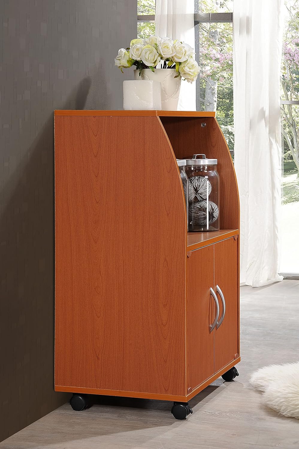 Cherry Mini Microwave Cart with Two Doors and Shelf Q57801