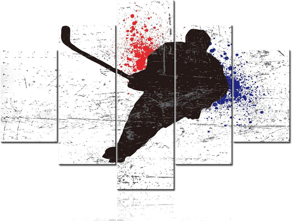 5 Panel Canvas Wall Art Hockey Stick and Puck Sliding Across The Ice Slap Shot Player Poster Stretched Framed (50''Wx24''H) H555