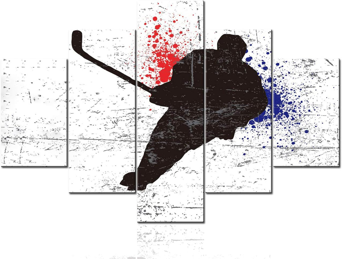 5 Panel Canvas Wall Art Hockey Stick and Puck Sliding Across The Ice Slap Shot Player Poster Stretched Framed (50''Wx24''H) H555