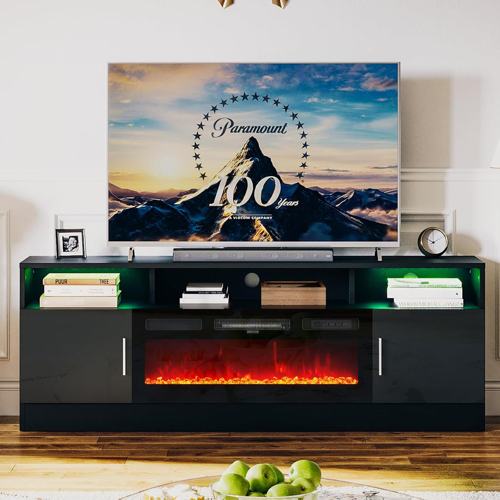 Black 70" Fireplace TV Stand with Electric Fireplace T185