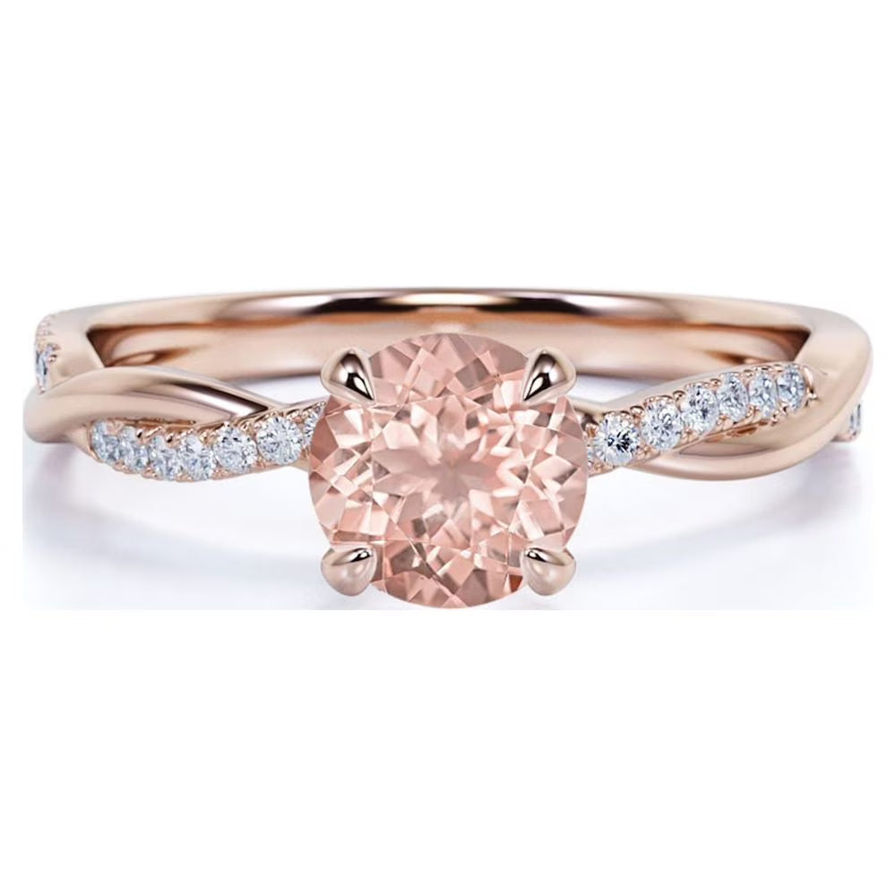 Peach Pink 1 Carat Round Cut Created Morganite and Moissanite Engagement Ring in 18k Gold Over Sterling Silver R745061