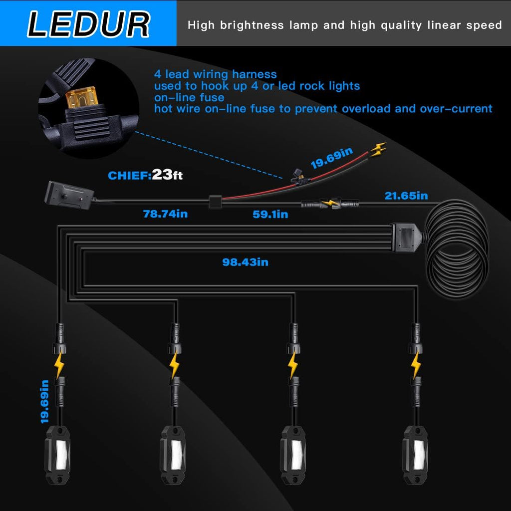 4Pods LED Rock Lights White with Switch Wire Harness H258