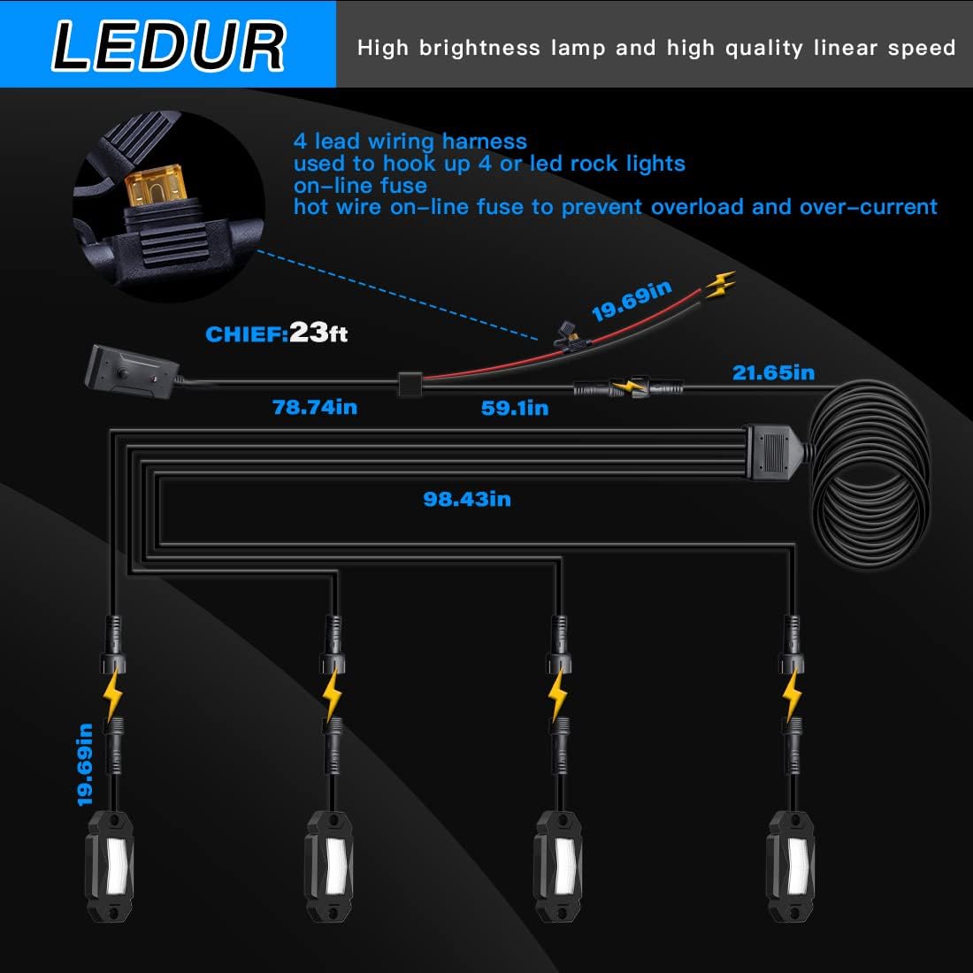 4Pods LED Rock Lights White with Switch Wire Harness H258