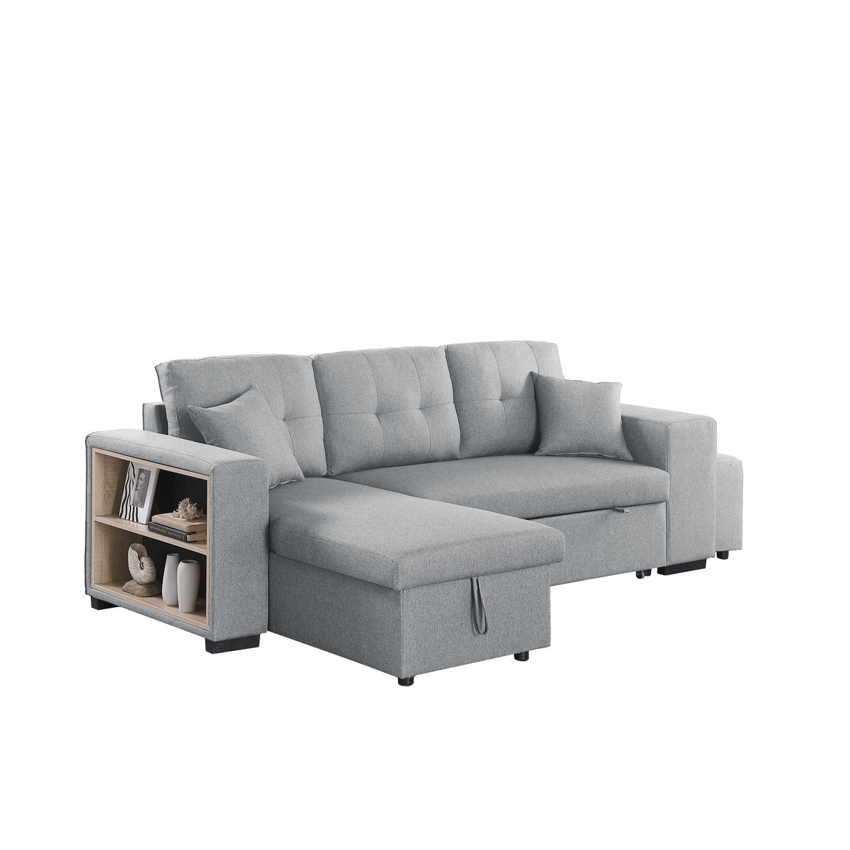 95" Wide Reversible Fabric Sofa Bed Chaise Ottoman Light Gray C323