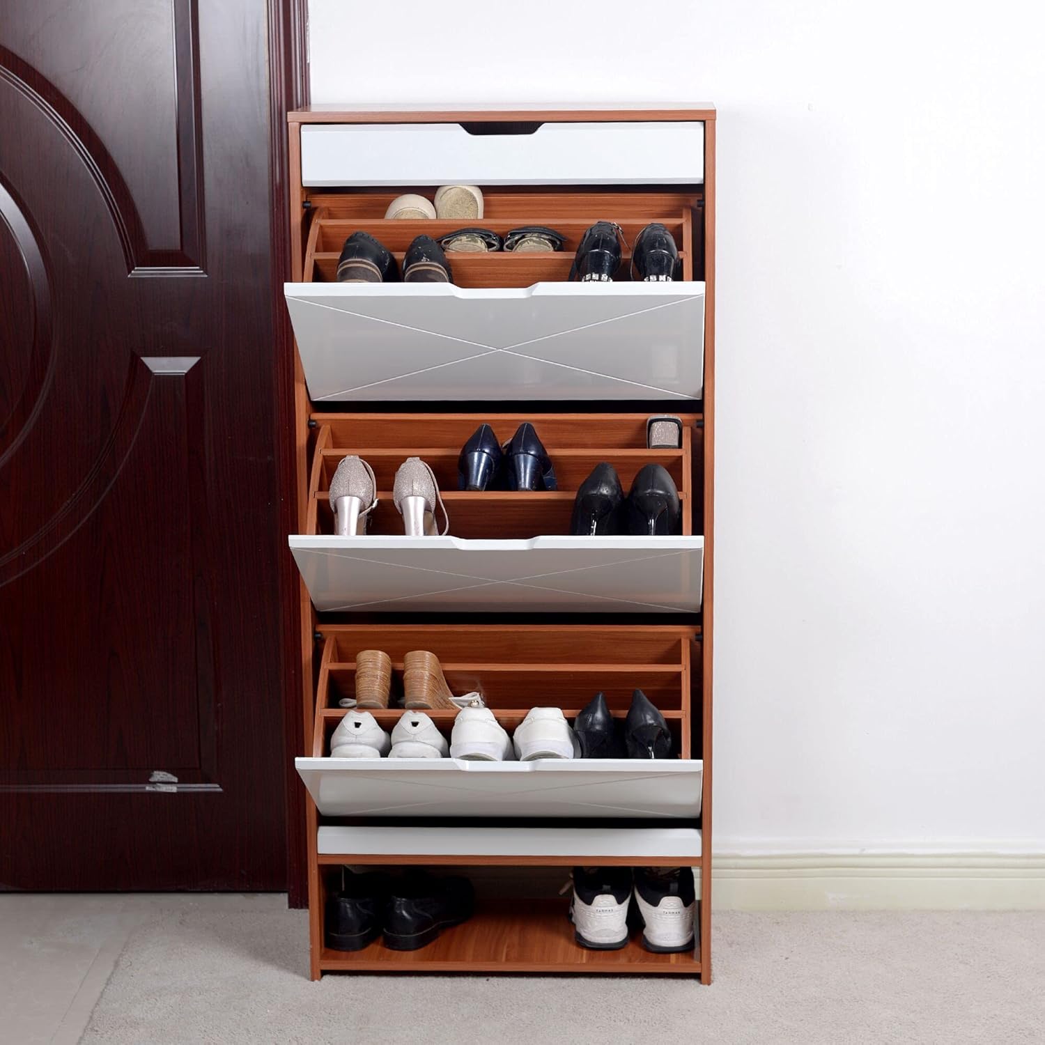 Shoe Storage Cabinet Wood with Doors and Shelves, 4 Fold Out Drawers Z482