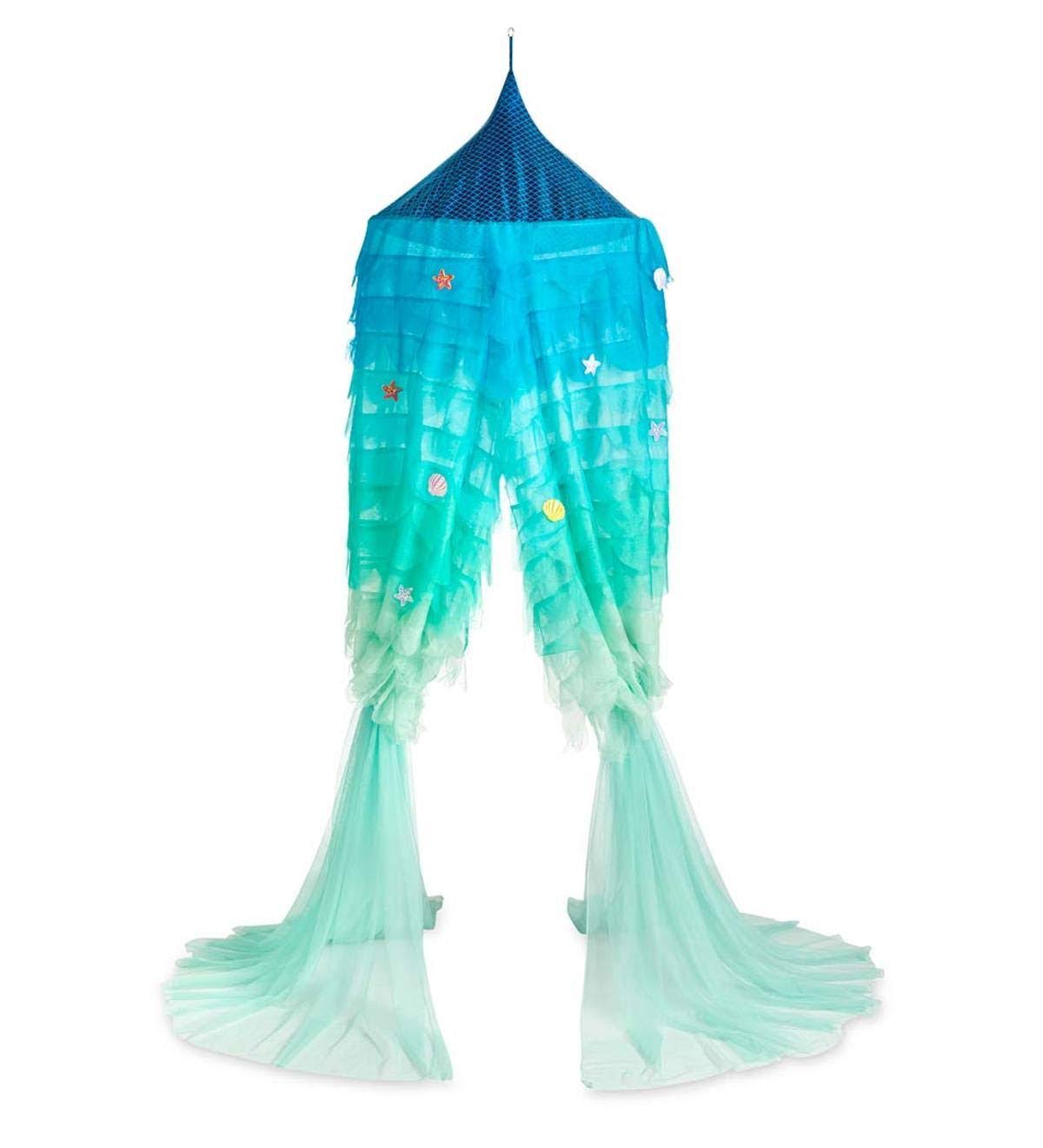 Mermaid Blue Scalloped Gauze Canopy with LED Lights and Applique Shells and Starfish A6909