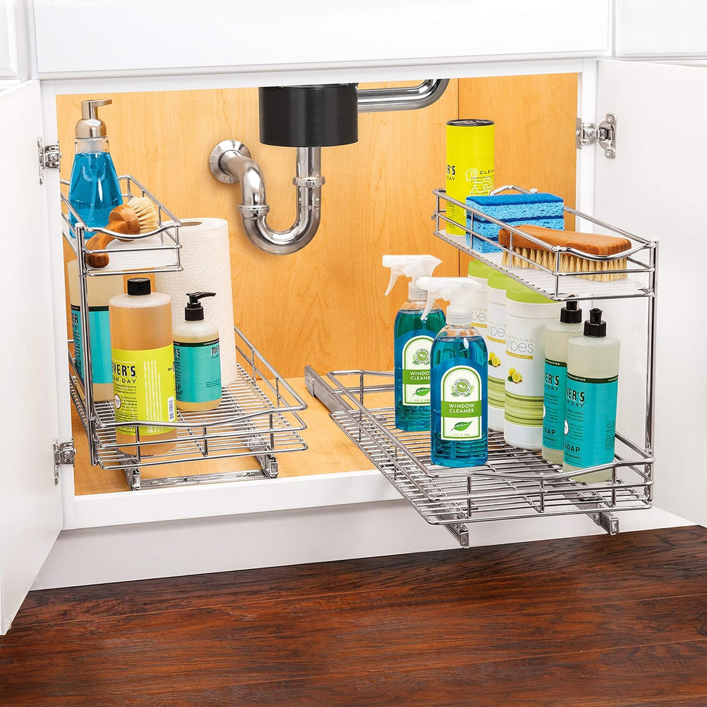 Under Sink Cabinet Organizer Pull Out Two Tier Sliding Shelf, Chrome O292416