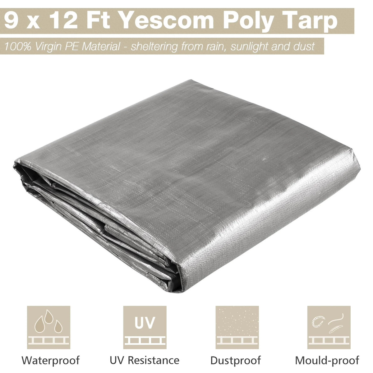 9x12 Ft Waterproof Poly Tarp with 25 Ball Bungees 10mil Tarpaulin R642