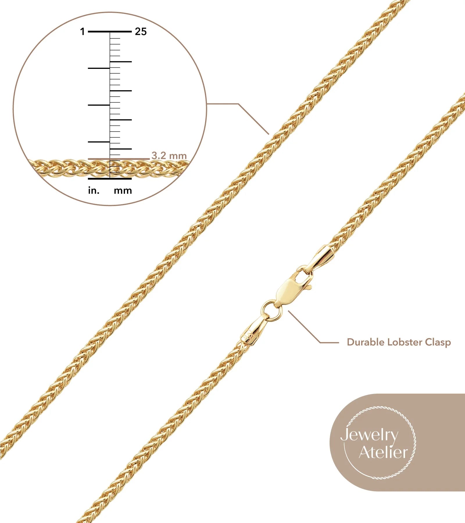14K Solid Yellow Gold Filled Round Wheat Chain Necklace N342218