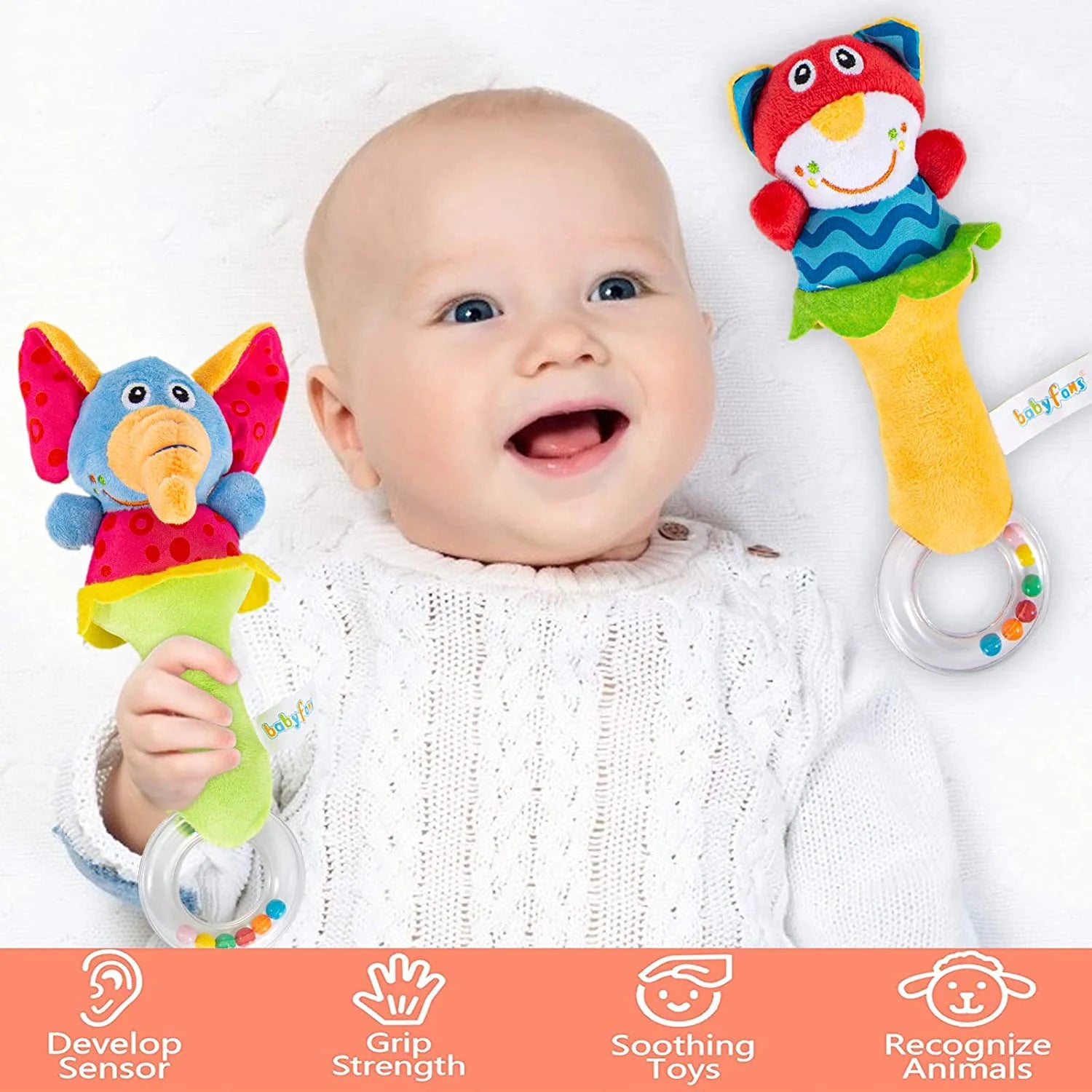 6 Pcs Baby Wrist Rattle & Foot Finder Socks Soft Plush Animal Doll B64279