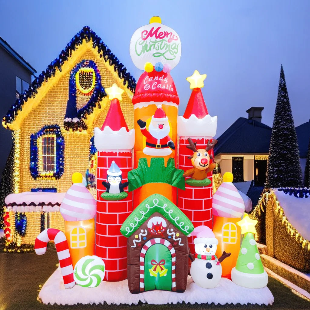 Inflatable Candy Castle Christmas Yard Decorations with LED Light and Air Blower V1652