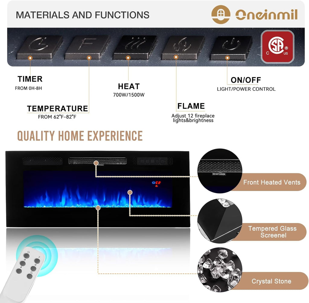 Black 70" Fireplace TV Stand with Electric Fireplace T185