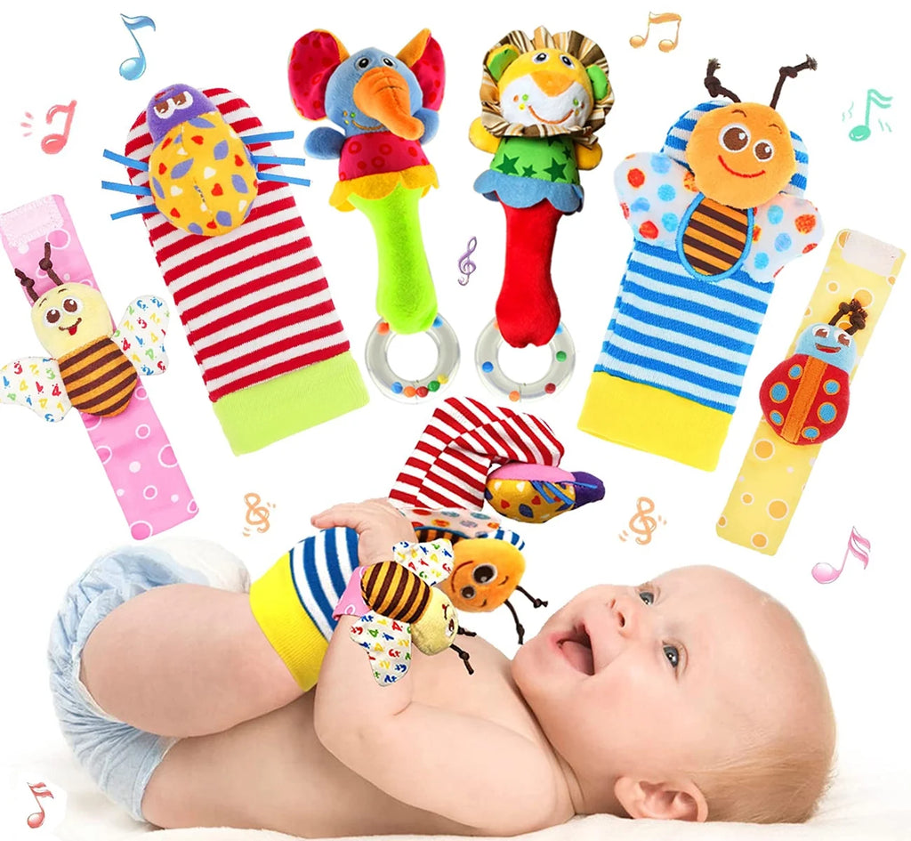 6 Pcs Baby Wrist Rattle & Foot Finder Socks Soft Plush Animal Doll B64279