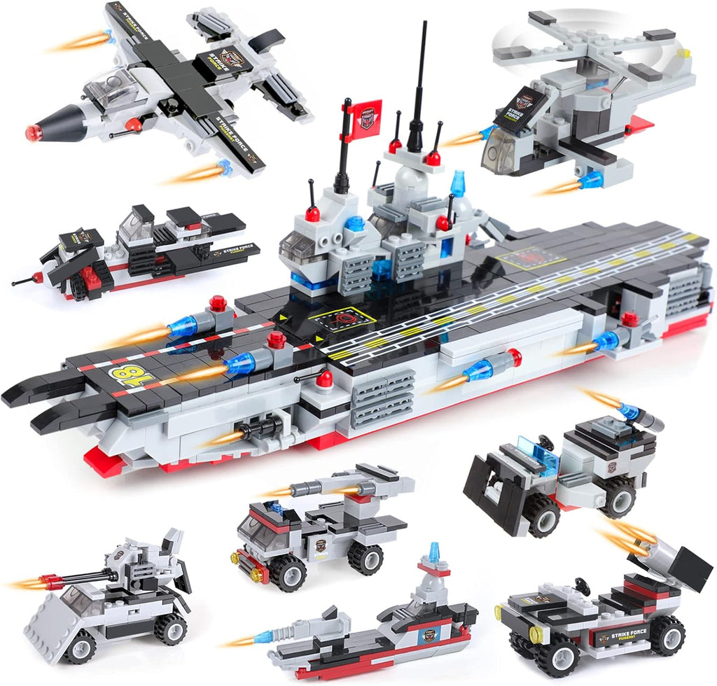 1630 Pieces Aircraft Carrier Building Blocks Set with Army Car, Helicopter, Airplane, Warship, Boat N9538