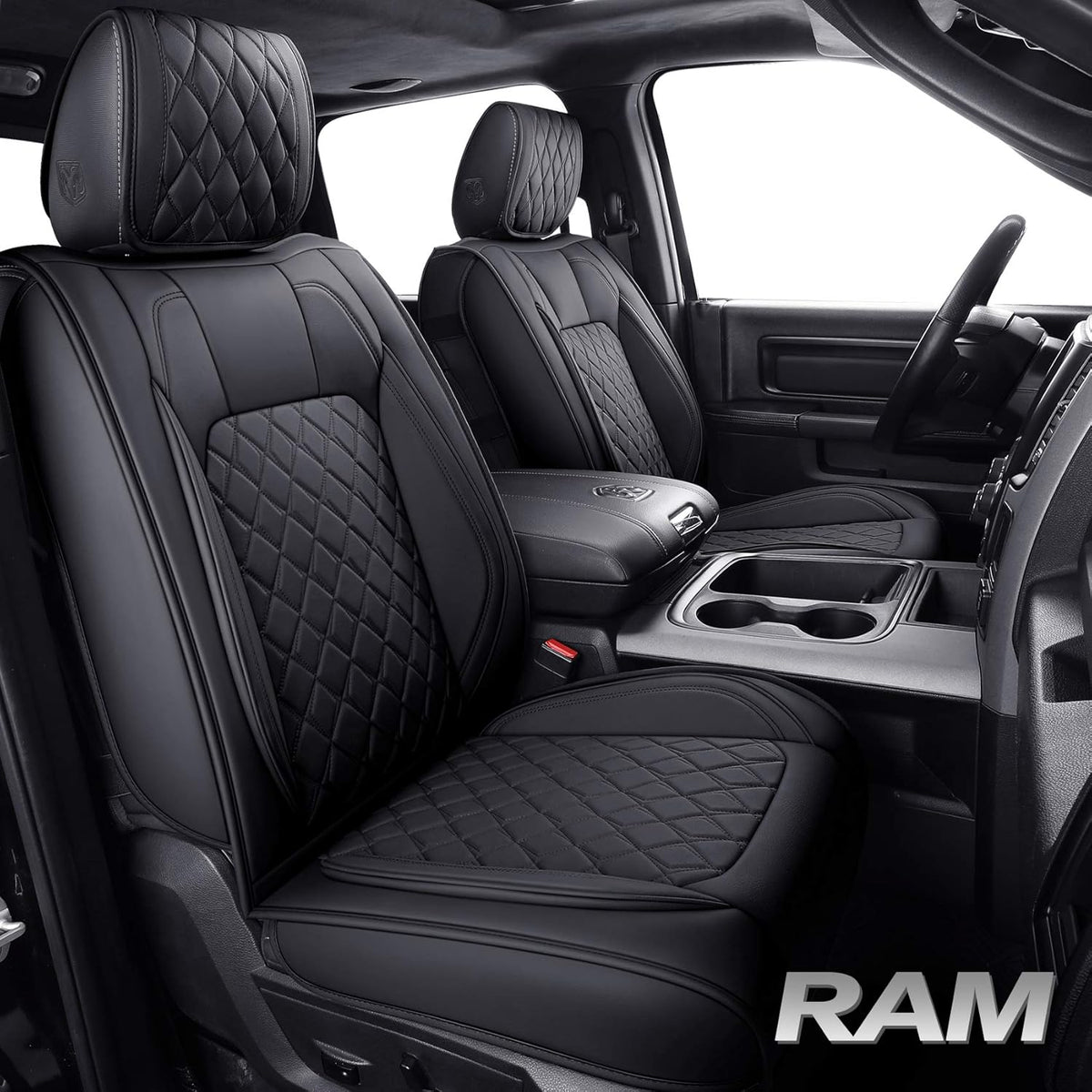 Black-Red Waterproof Leather Front Seat Covers for Dodge Ram Pickup W6797