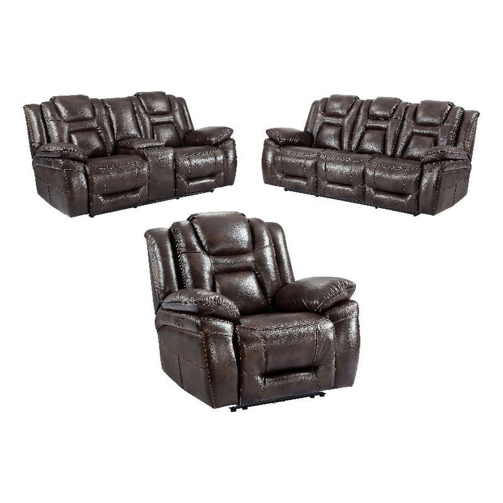 Brown Faux Leather Dual Power 3PC Set J2397