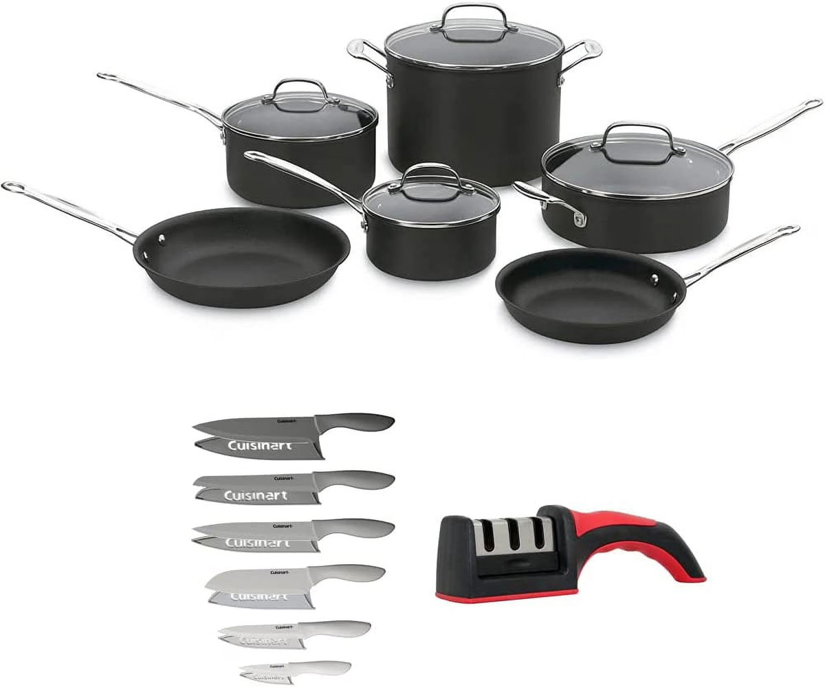 10-Piece Nonstick Hard-Anodized Cookware Set with 12-Piece Knife Set and Knife Sharpener G3450