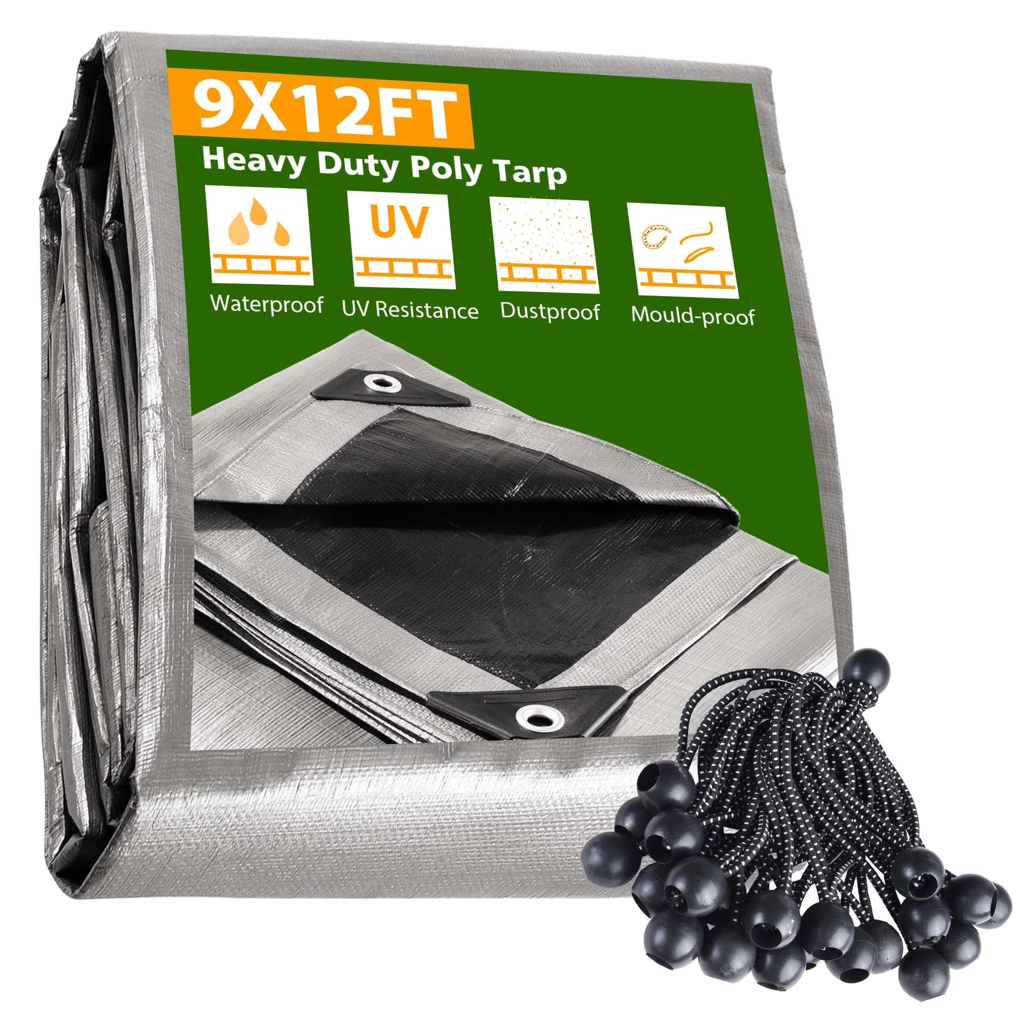 9x12 Ft Waterproof Poly Tarp with 25 Ball Bungees 10mil Tarpaulin R642