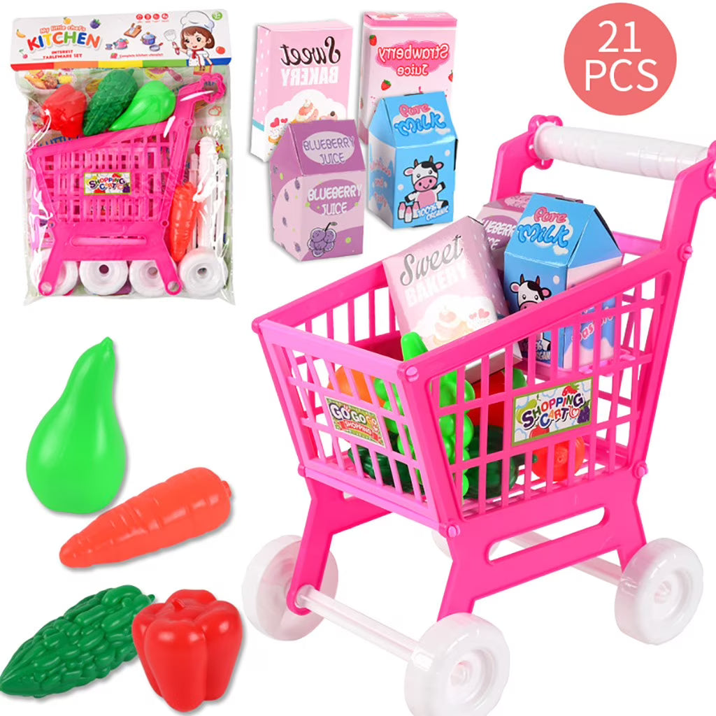Kids Shopping Cart Trolley Play Kitchen Toy, 8.66x6.29x10.23in D198902