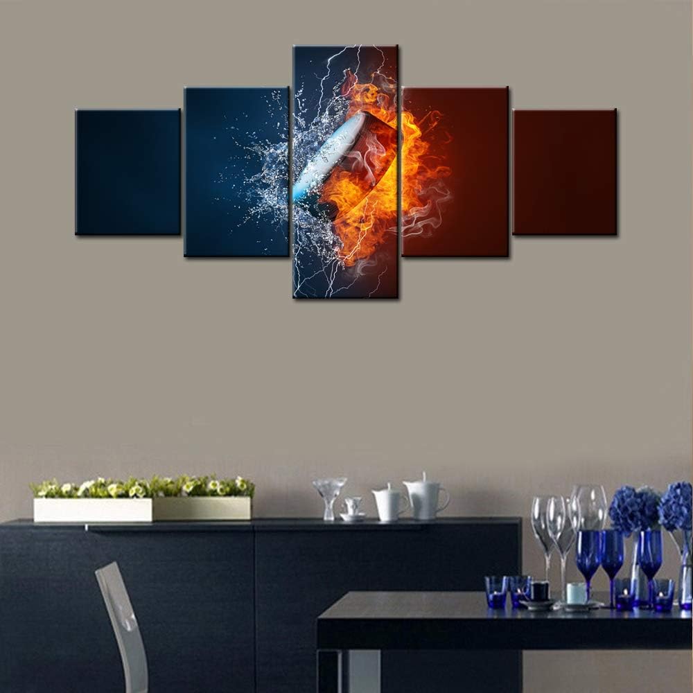 5 Panel Canvas Wall Art Hockey Stick and Puck Sliding Across The Ice Slap Shot Player Poster Stretched Framed (50''Wx24''H) H555