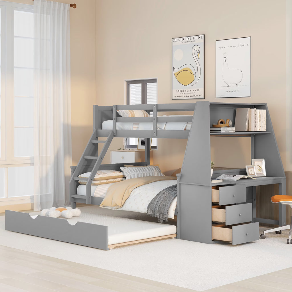 Twin over Full Bunk Bed with Trundle, Desk, 3 Drawers, Gray P9857