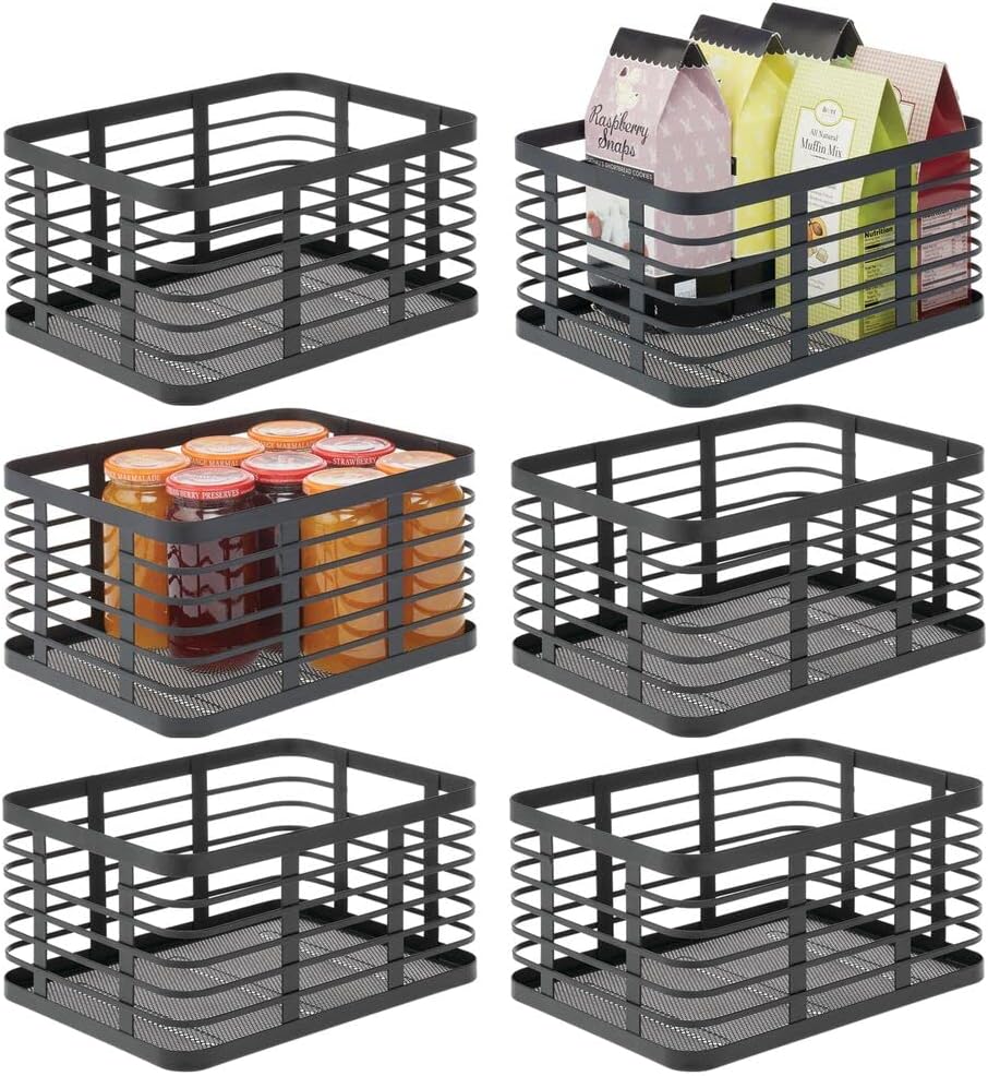 Metal Wire Food Organizer Storage Bin Baskets, 6 Pack, Black W96595