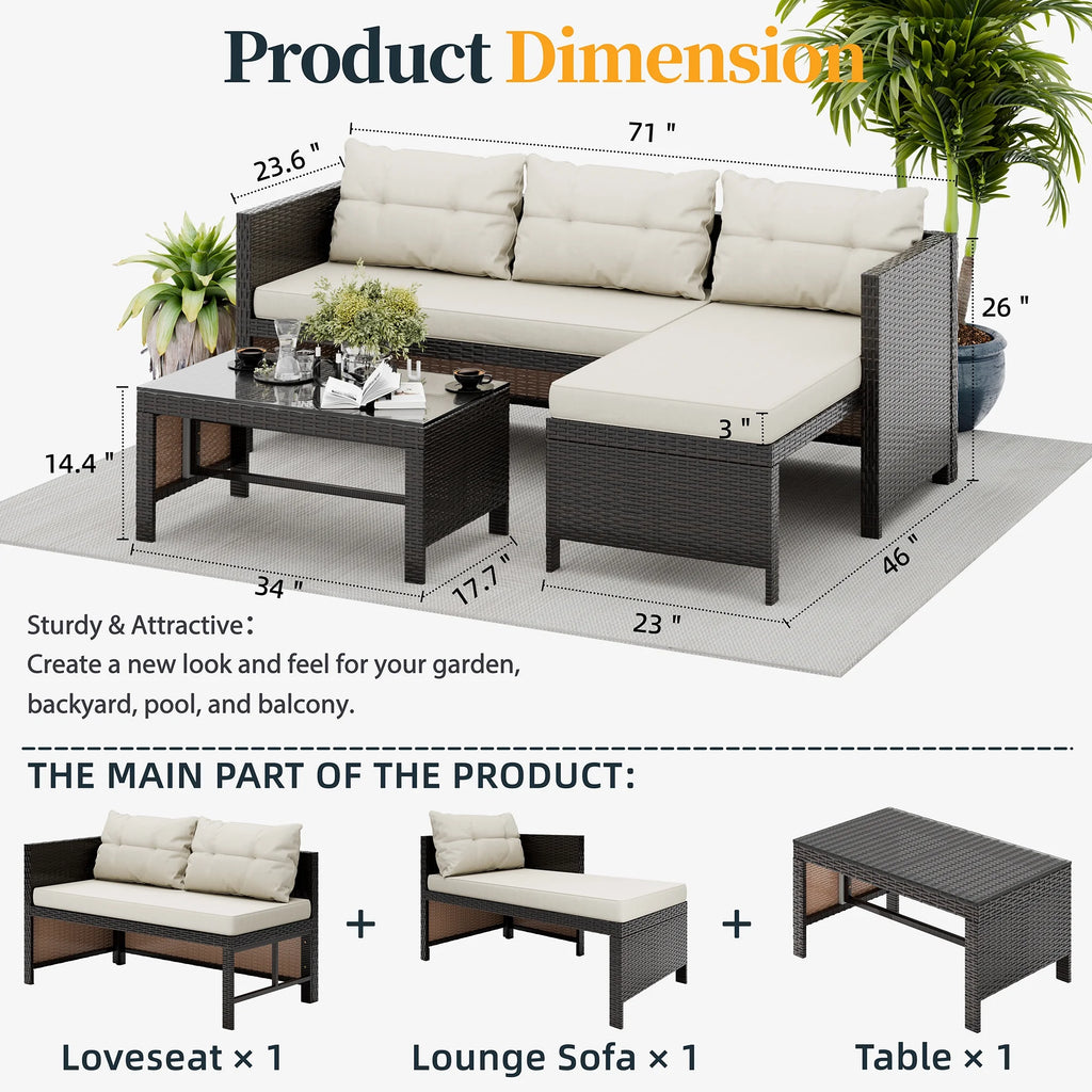 3 Pieces Outdoor Patio Sectional Sofa C87857