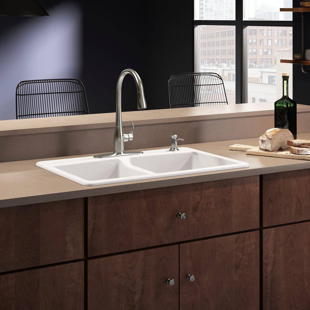 Cast-Iron Double Bowl Kitchen Sink with Faucet in White C564867
