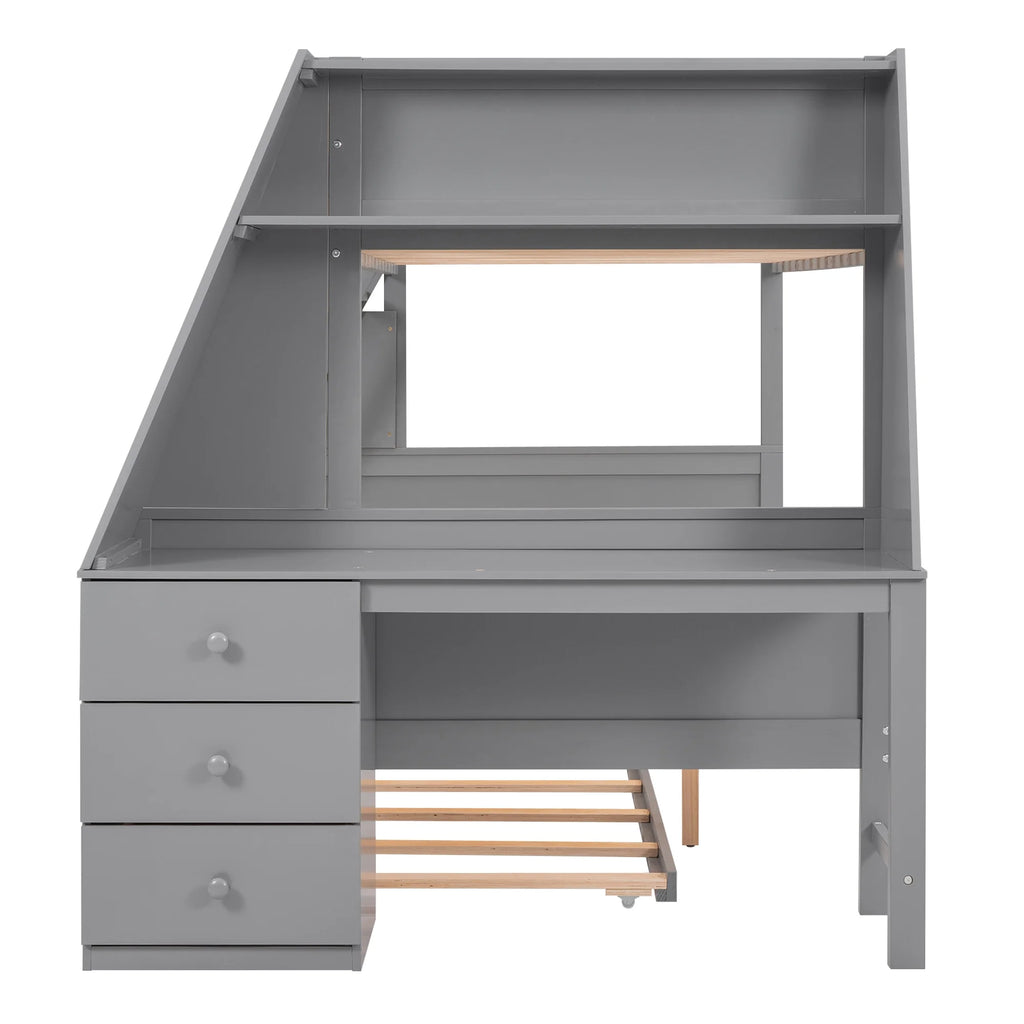Twin over Full Bunk Bed with Trundle, Desk, 3 Drawers, Gray P9857