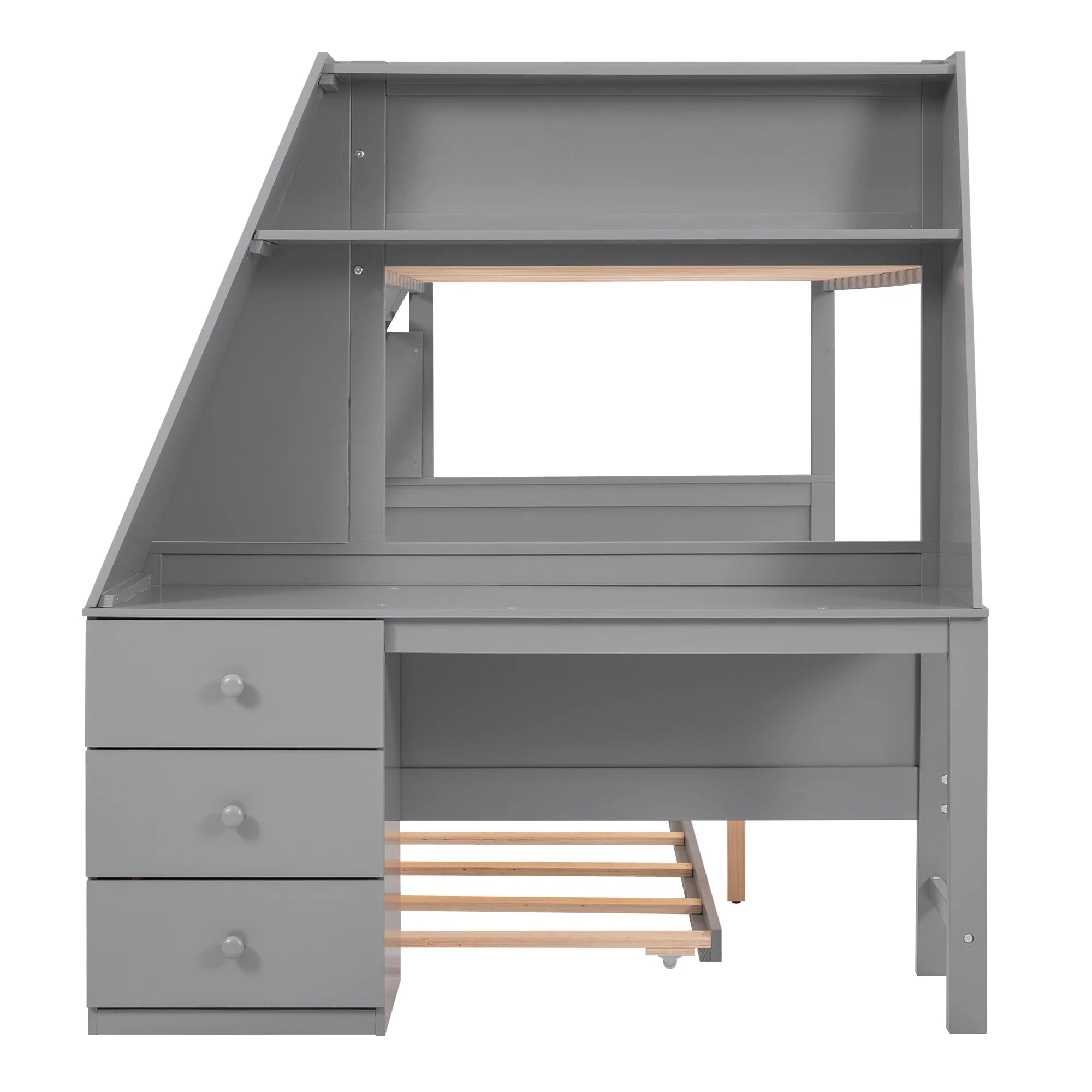 Twin over Full Bunk Bed with Trundle, Desk, 3 Drawers, Gray P9857