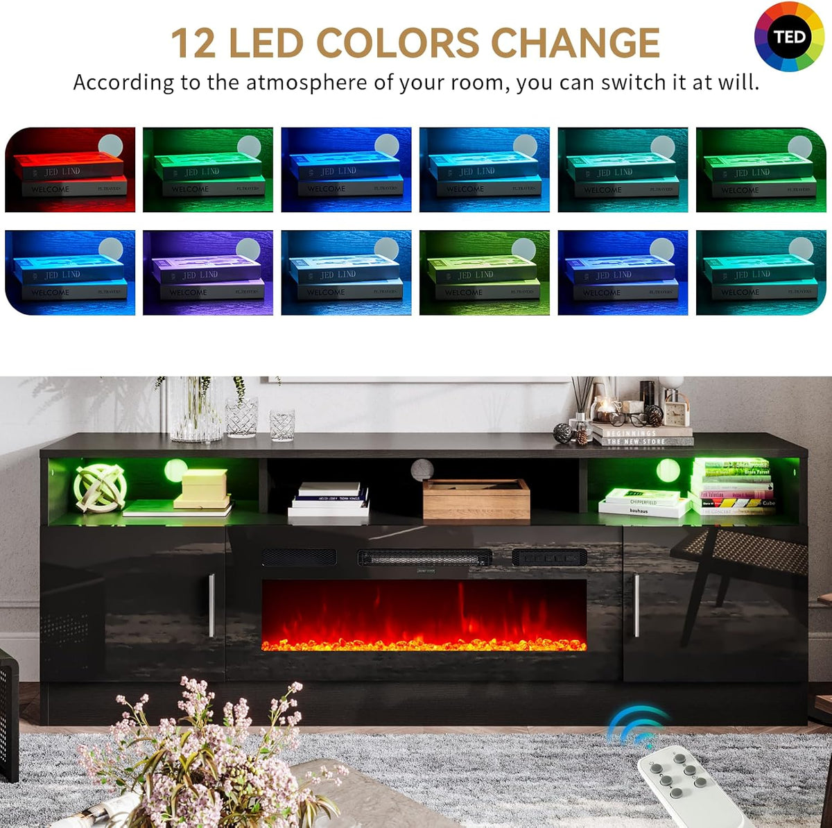 Black 70" Fireplace TV Stand with Electric Fireplace T185
