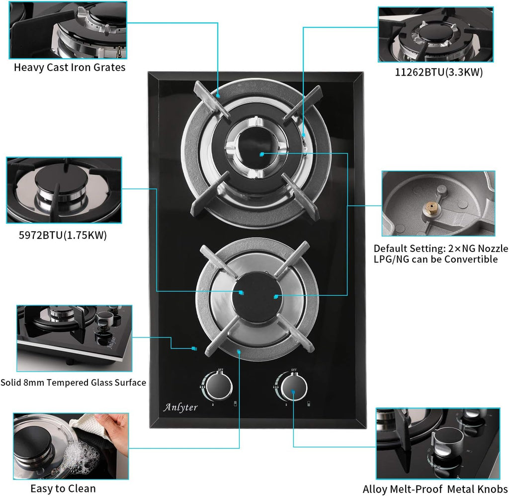 12 Inch 2 Burner Drop-In Gas Cooktop with Thermocouple Protection S92809