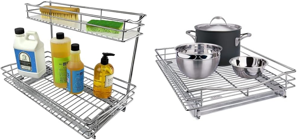 Under Sink Cabinet Organizer Pull Out Two Tier Sliding Shelf, Chrome O292416