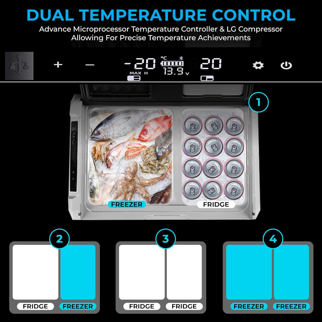 Portable Battery Operated Camping Fridge with Wheels, Dual Zone Freezer H2737