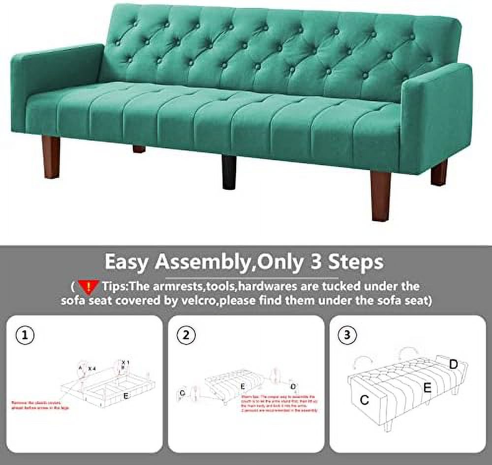 Green Linen Upholstered Convertible Sofa Bed 74" 3 Seater R8984