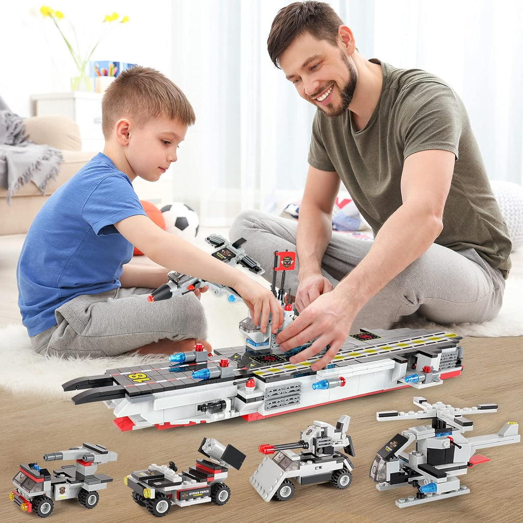 1630 Pieces Aircraft Carrier Building Blocks Set with Army Car, Helicopter, Airplane, Warship, Boat N9538