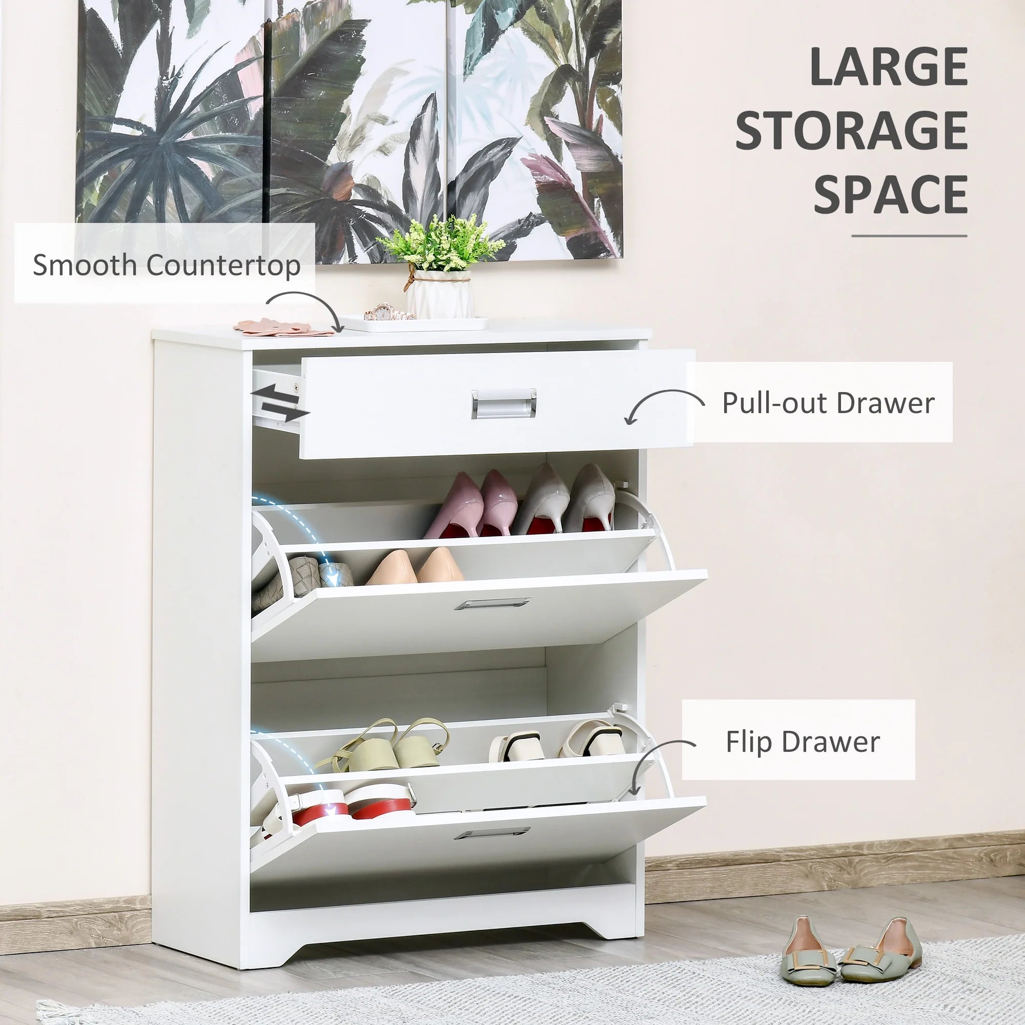 White 3-Drawer Shoe Cabinet with 2 Flip Doors B17548