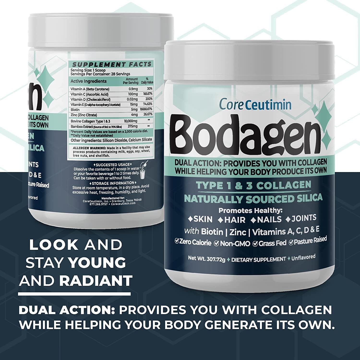 Collagen Peptides with Silica, Biotin, Zinc, Vitamins A, C, D, & E, Unflavored, Pack of 2 H557