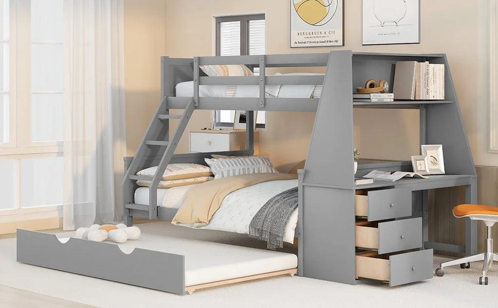 Twin over Full Bunk Bed with Trundle, Desk, 3 Drawers, Gray P9857