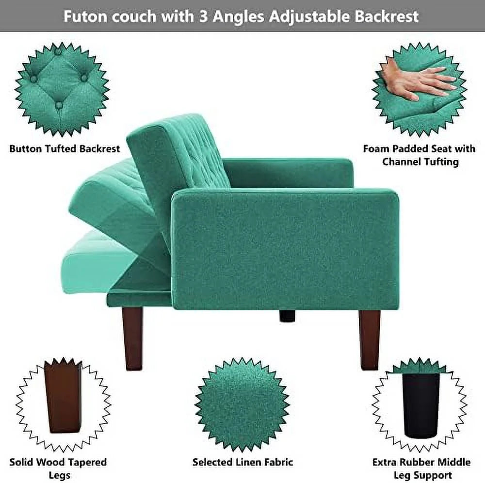 Green Linen Upholstered Convertible Sofa Bed 74" 3 Seater R8984