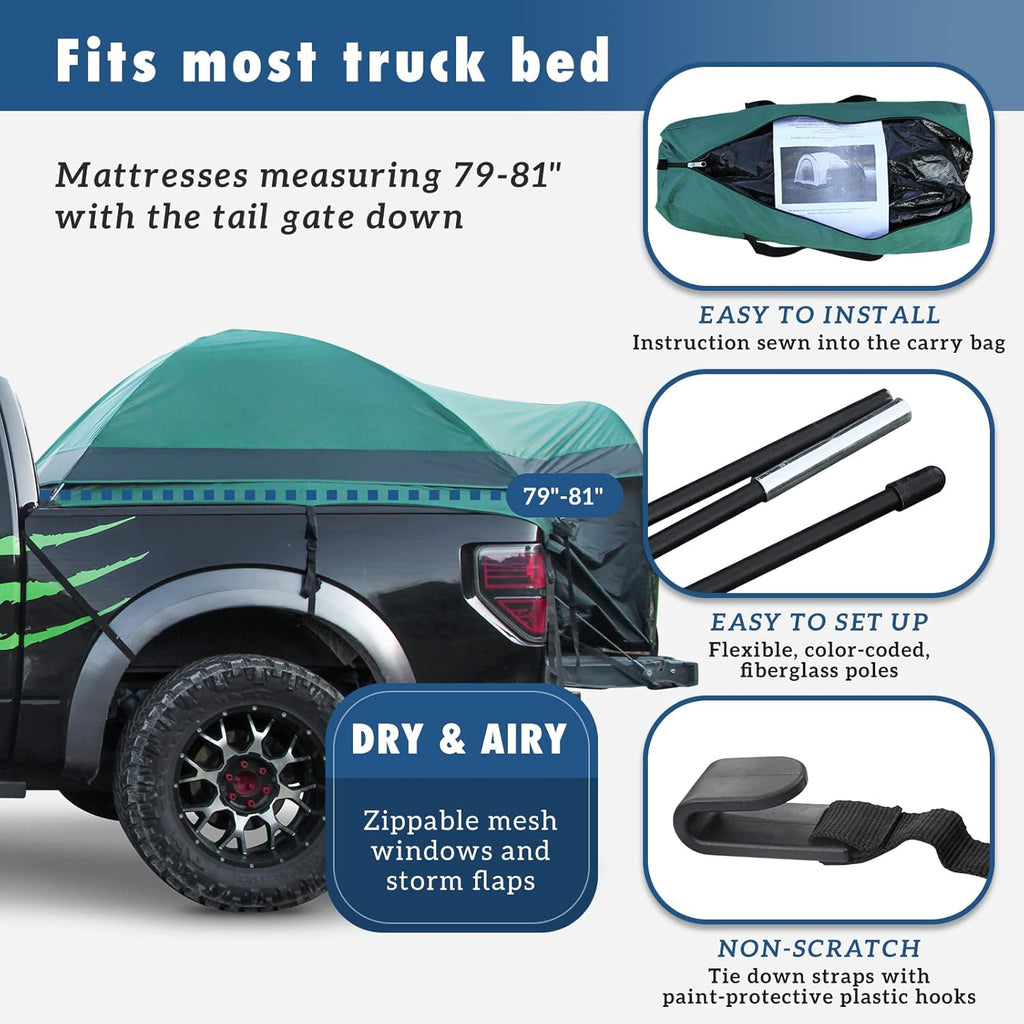 Full Size Truck Tent for Camping with Waterproof Rainfly, Double Layer, Fits Mattresses 79-81" W4616