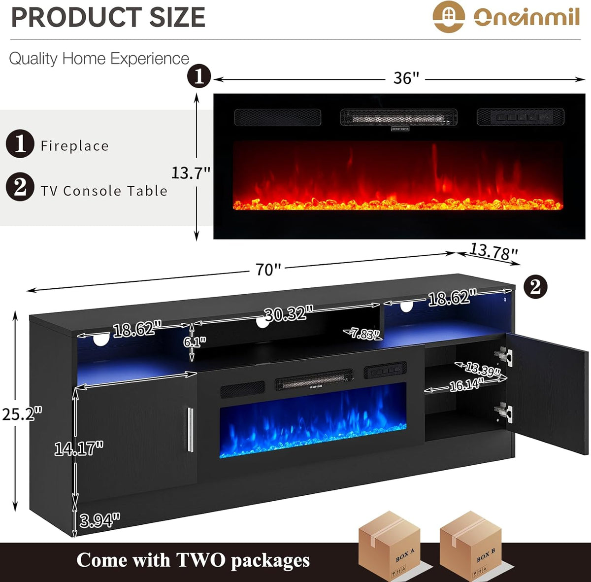 Black 70" Fireplace TV Stand with Electric Fireplace T185