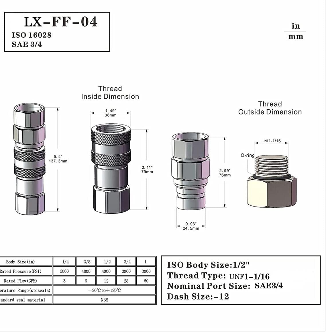 2-Sets ISO16028 1/4" Flat Face Hydraulic Quick Connect Coupling Set with Black Dust Cap NPT Thread I296249